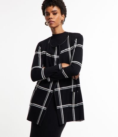 Cardigan en Punto con Abertura sin Cierre y Estampado de Cuadros Grid