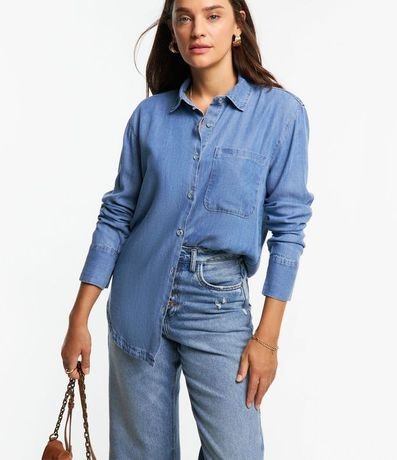 Camisa Amplia Manga Larga en Jeans con Bolsillo