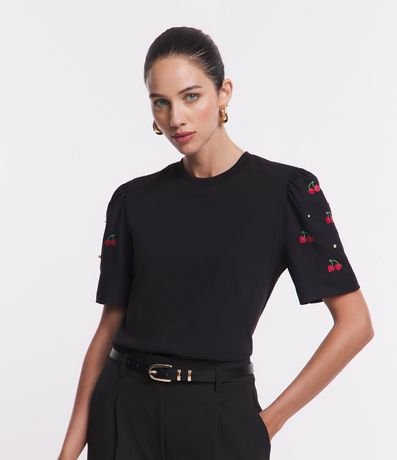 Blusa en Media Malla con Manga Abullonada y Bordado Cerezas 1