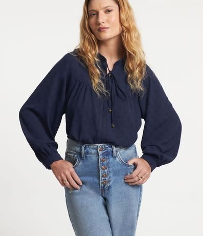 Blusa Bata con Manga Recorte Fruncido en lo Busto y Lazo en el Cuello 1