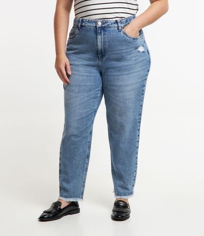 Pantalón Mom en Jean Efecto Mármol y Bajo con Flecos Curve & Plus Size 1