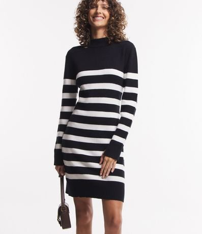Vestido de Punto con Cuello Alto y Estampa Rayada