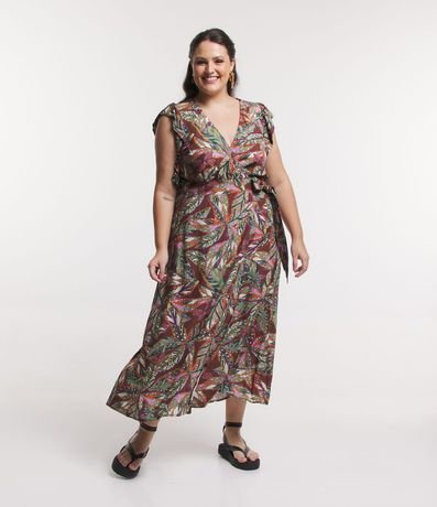 Vestido Midi con Volados y Follajes Estampadas Curve & Plus Size