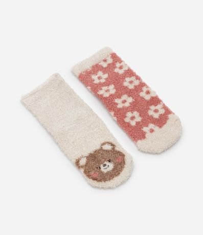 Kit 02 Medias Infantiles en Algodón con Estampado Osa y Flores - Talle 0 al 12 meses