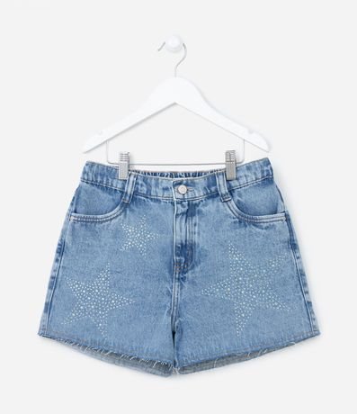 Short Infantil en Jeans Cintura Alta con Estrellas de Strass - Talle 5 a 14 años