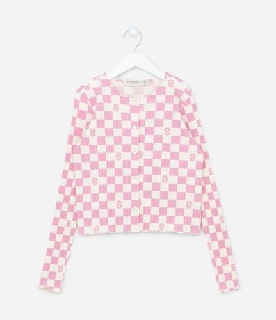 Cardigan Infantil Acanalado con Estampado Cuadrillé - Talle 5 a 14 años