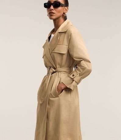 Trench Coat en Gabardina con Cinturón Hebilla y Bolsillos Solapa