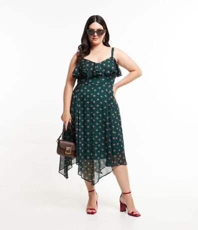 Vestido Midi de Chiffon con Estampa Floral y Volados Asimétricos Curve & Plus Size