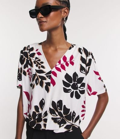 Blusa en Viscosa con Manga Abullonada y Estampado Follajes y Flores 4