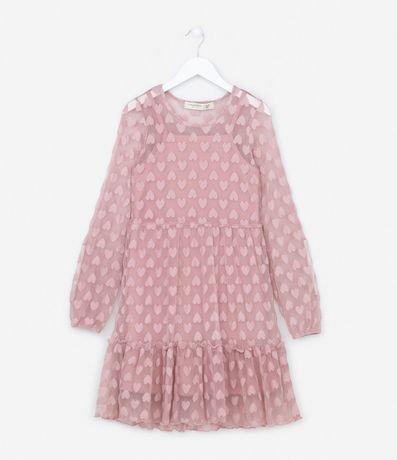 Vestido en Tule Infantil Manga Larga con Corazones - Talle 5 a 14 años