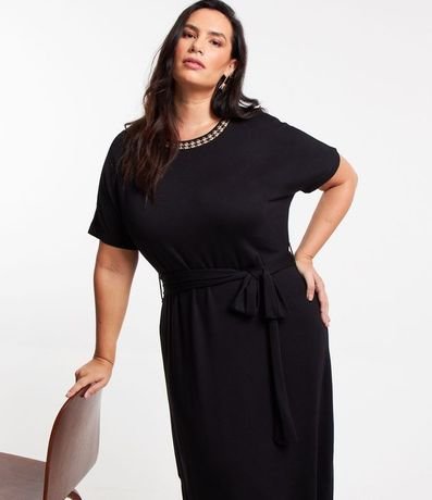 Vestido Midi con Cuello Contrastante y Lazo Curve & Plus Size