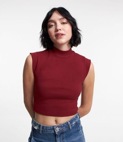 Blusa Musculosa Cropped en Rib con Cuello Alto