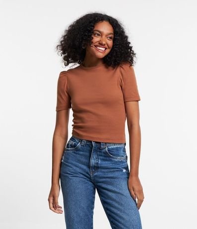Blusa Básica en Rib Acanalada con Manga Corta Abullonada 1
