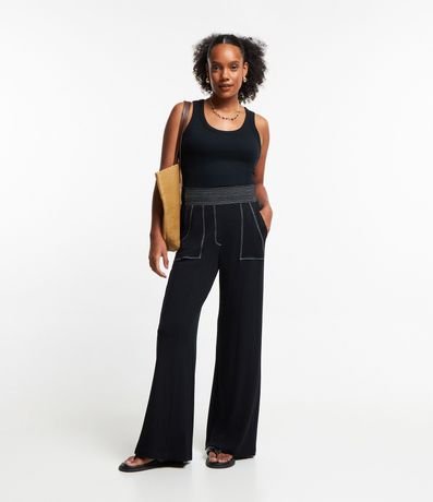 Pantalón Pantalona en Algodón con Detalles Pespuntados Contrastantes 1