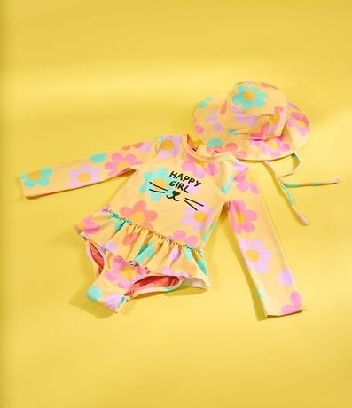 Conjunto Infantil con Malla y Sombrero Estampado Margaritas y Protección UV - Talle 1 a 4 años