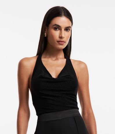 Blusa Cropped sin Manga con Escote Drapeado e Hilo Metalizado 1