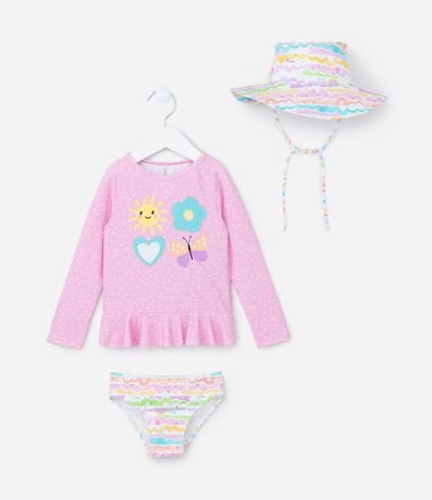 Conjunto Infantil con Protección UV y Estampa de Lunares con Flor - Talle 1 a 4 años