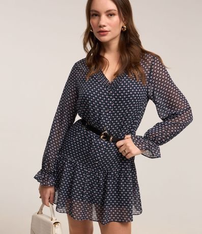 Vestido Corto en Chiffon con Manga Evasé y Estampa Abstracta