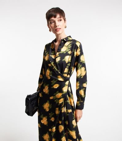 Vestido Midi en Tejido Satinado con Cruzado Delantero