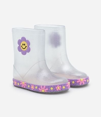 Bota de Lluvia Infantil con Purpurina y Flor - Talle 21 al 28