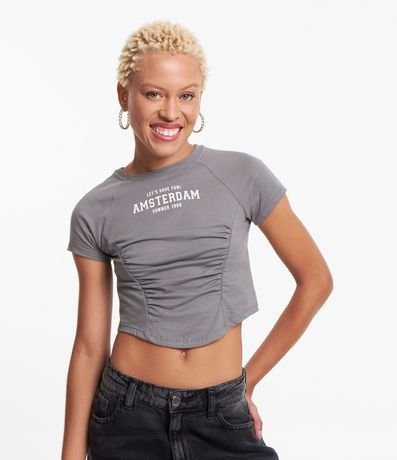 Blusa Cropped en Media Malla con Drapeado Delantero y Lettering 1