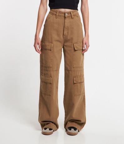Pantalón Wide Leg Cintura Alta en Sarga con Bolsillos Cargo 3