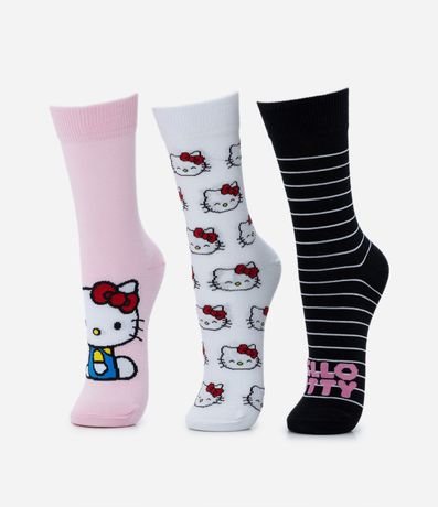 Kit 03 Medias Caña Larga en Algodón con Estampa Hello Kitty