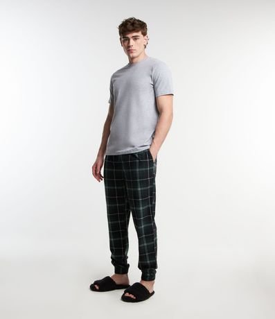 Calca de Pijama en Fleece con de Cuadros y Elástico en los Puños