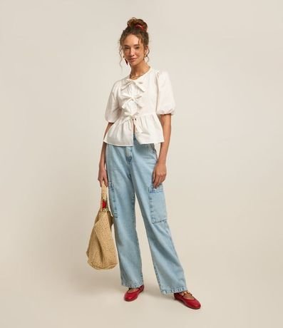 Pantalón Wide Leg en Sarga con Bolsillos Cargo sin Solapa