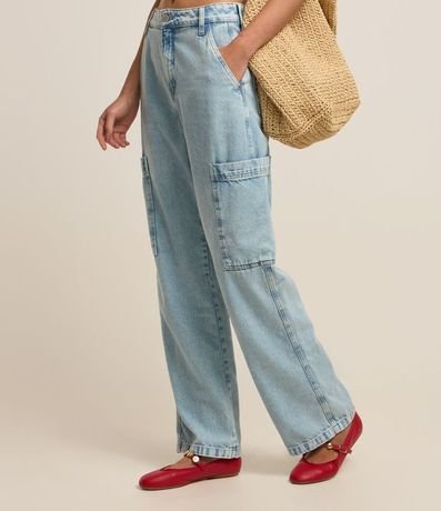 Pantalón Wide Leg en Sarga con Bolsillos Cargo sin Solapa 3