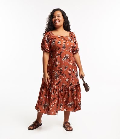 Vestido Corto en Viscosa con Mangas Abullonadas y Estampa Leopardo Curve & Plus Size