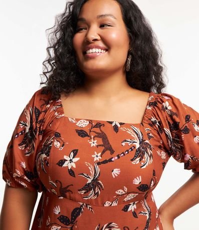 Vestido Corto en Viscosa con Mangas Abullonadas y Estampa Leopardo Curve & Plus Size 4