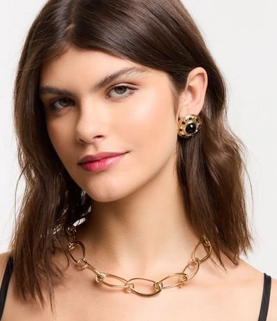 Conjunto Collar Cadena Eslabones de Clips y Caravana Botón con Piedra