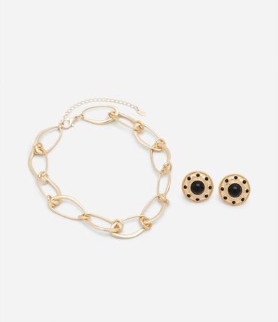 Conjunto Collar Cadena Eslabones de Clips y Caravana Botón con Piedra 4