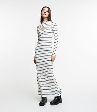 Vestido New Midi en Rib Listrado y con Recorte en lo Busto