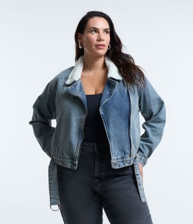 Campera Biker en Jeans con Forro y Cuello de Sherpa Curve & Plus Size 3