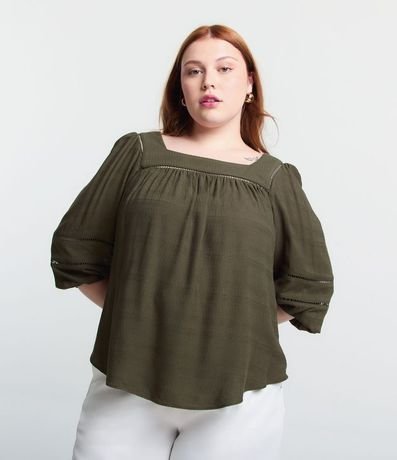 Blusa de Manga 3/4 en Chalis con Inserciones Curvas y Tallas Grandes
