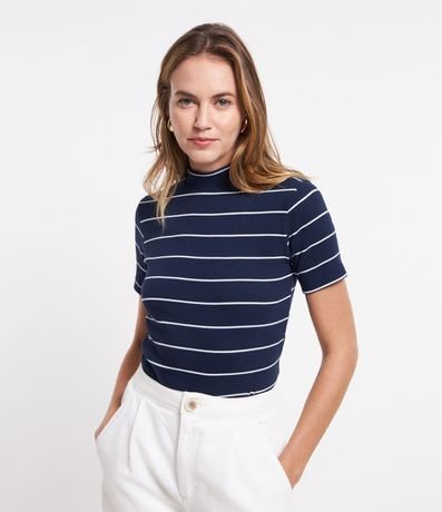 Blusa en Rib con Cuello Mediano y Estampa Rayada