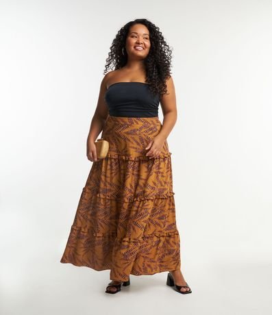 Pollera Larga en Viscosa Estampada de Follaje Larga Curve & Plus Size