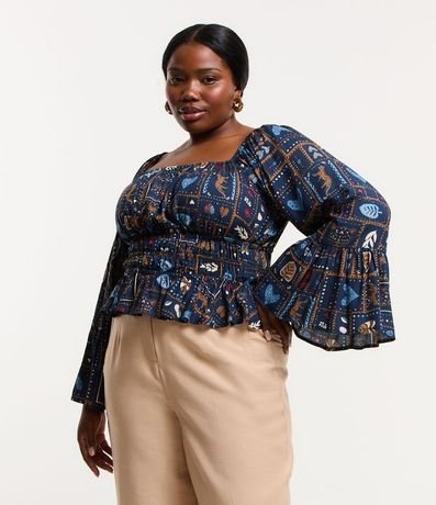 Blusa Amplia en Viscosa Estampada de Leopardo y Hojas Curve & Plus Size