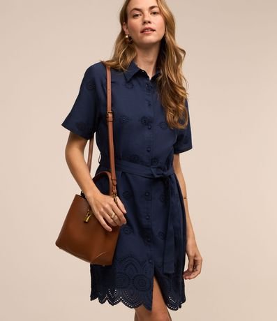 Vestido Corto en Laise con Lazo y Bajo Bordado