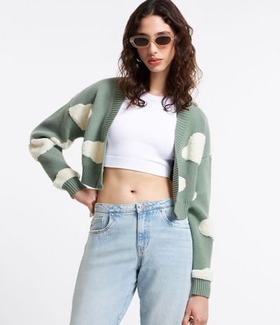 Cardigan Cropped de Punto con Nubes en Relieve