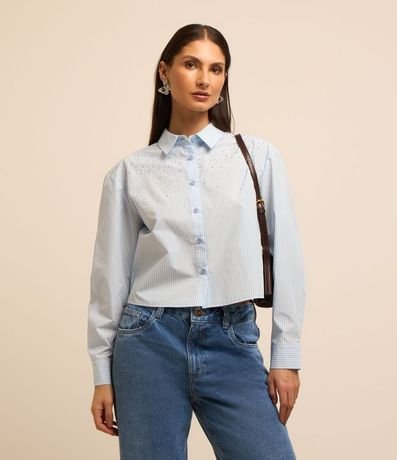 Camisa en Tricolina Rayada con Piedras Brillantes 1