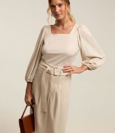 Pollera Midi en Viscosa con Cinturón Hebilla y Pliegues Delanteros 2