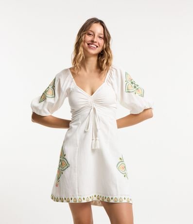 Vestido Corta en Viscosa y Lino con Bordado Floral