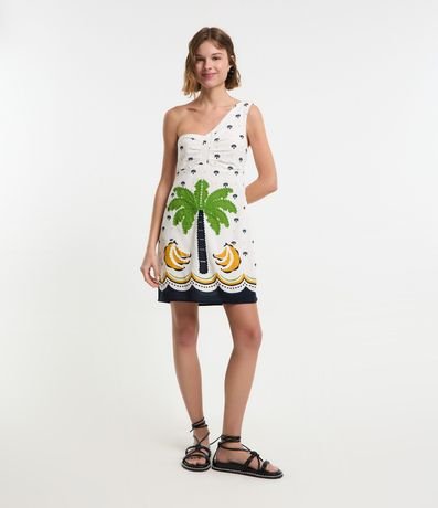 Vestido Corto en Viscosa y Lino con Bordado Tropical