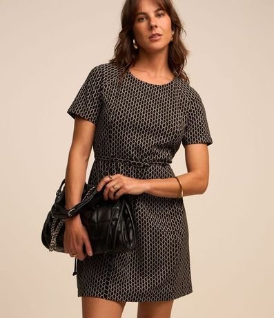 Vestido Corto en Crepé con Cinturón y Estampa Geométrica