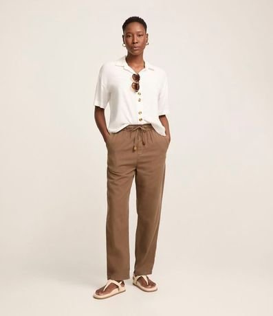 Pantalón Recto Cropped Cintura Alta en Sarga con Lazo