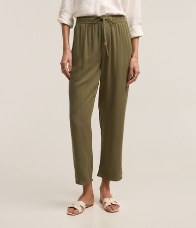 Pantalón Recto Cropped Cintura Alta en Sarga con Lazo