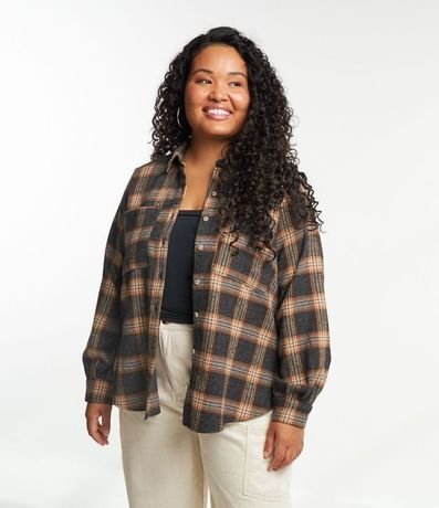 Camisa en Franela de Cuadros con Bolsillos Curve & Plus Size